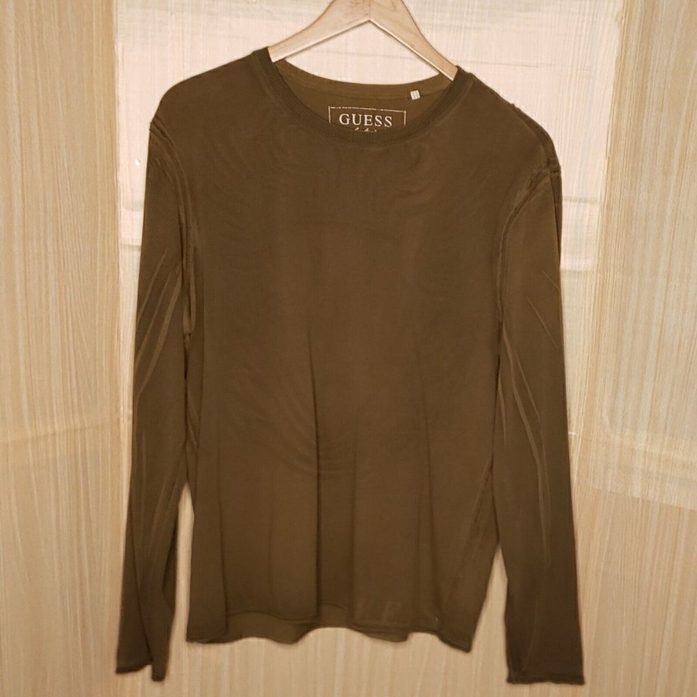 Guess Mens Army Green Long Sleeve Shirt With Back Applique XL